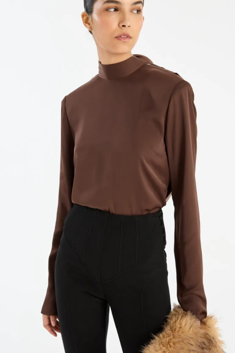Satin Drapy Back Top Dark Brown
