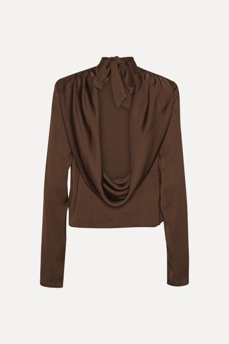 Satin Drapy Back Top Dark Brown