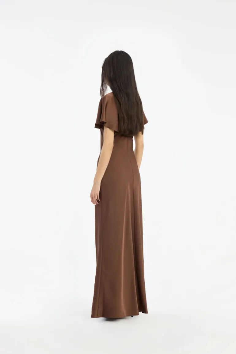 Satin Flowy Sleeve Dress Dark Brown