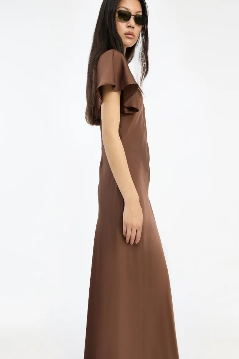 Satin Flowy Sleeve Dress Dark Brown
