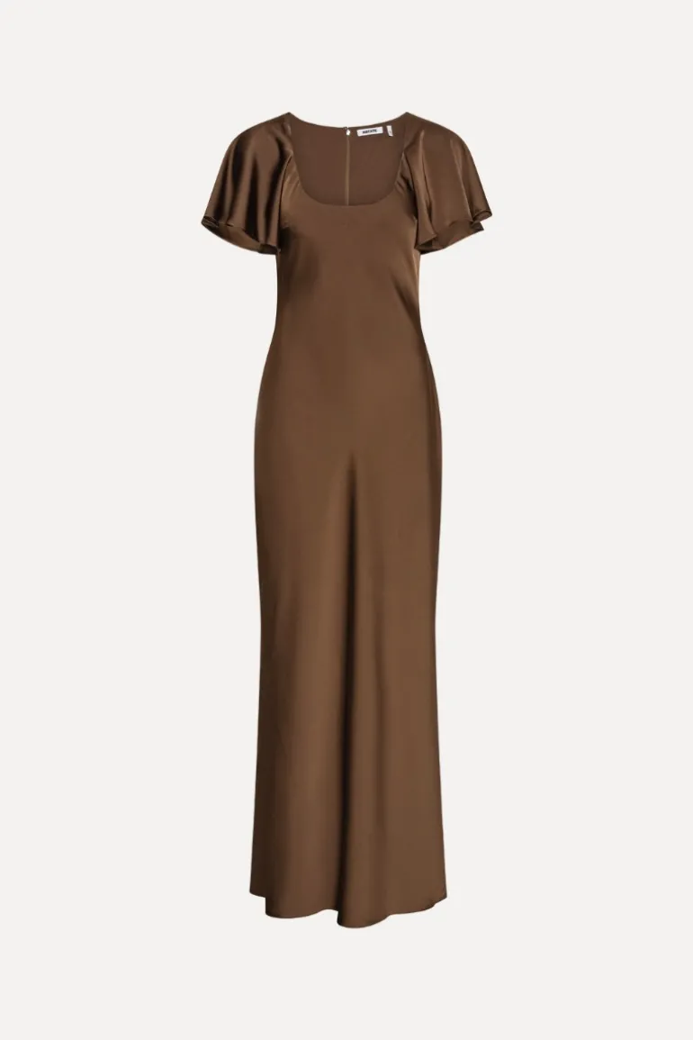 Satin Flowy Sleeve Dress Dark Brown