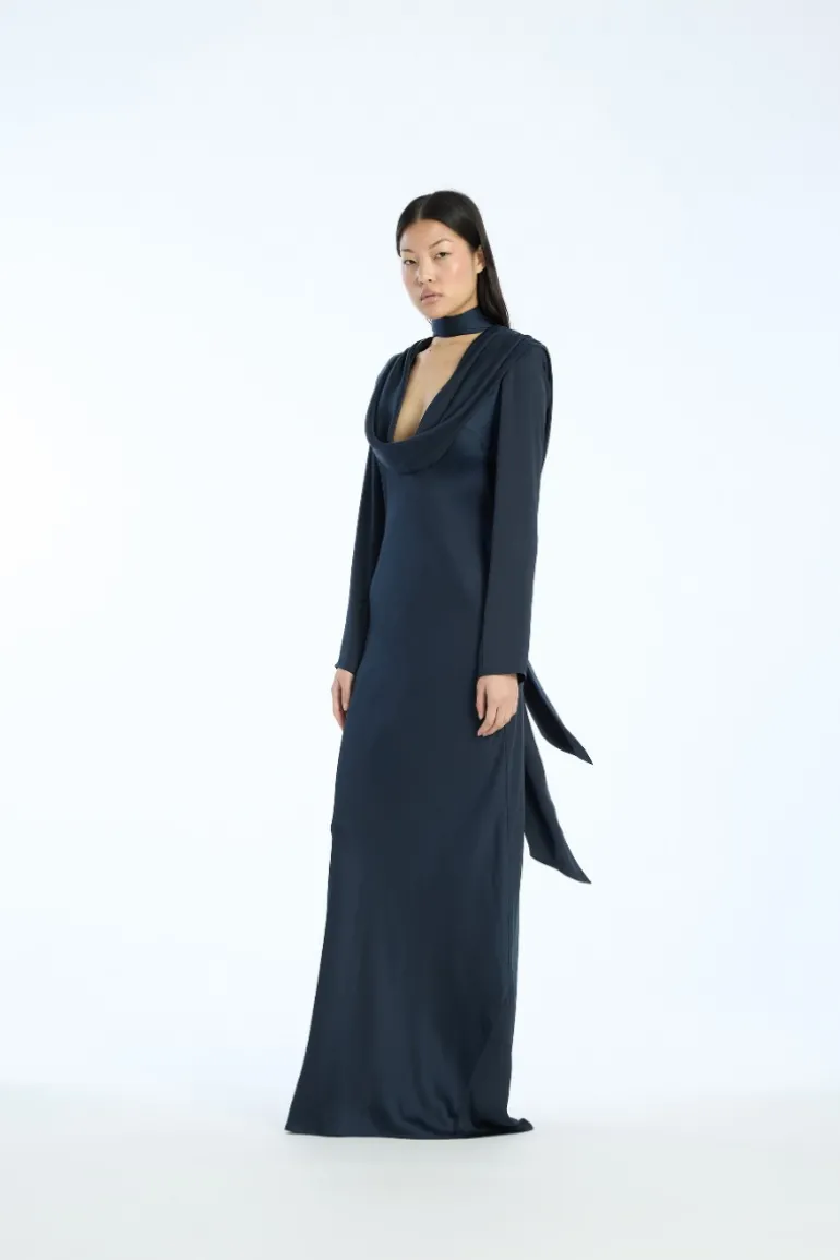 Satin Maxi Drapy Dress Dark Blue
