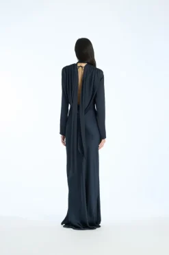 Satin Maxi Drapy Dress Dark Blue