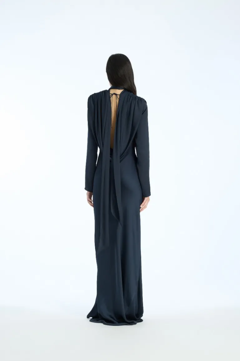 Satin Maxi Drapy Dress Dark Blue