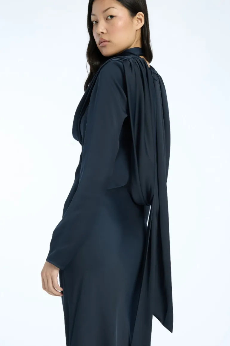 Satin Maxi Drapy Dress Dark Blue