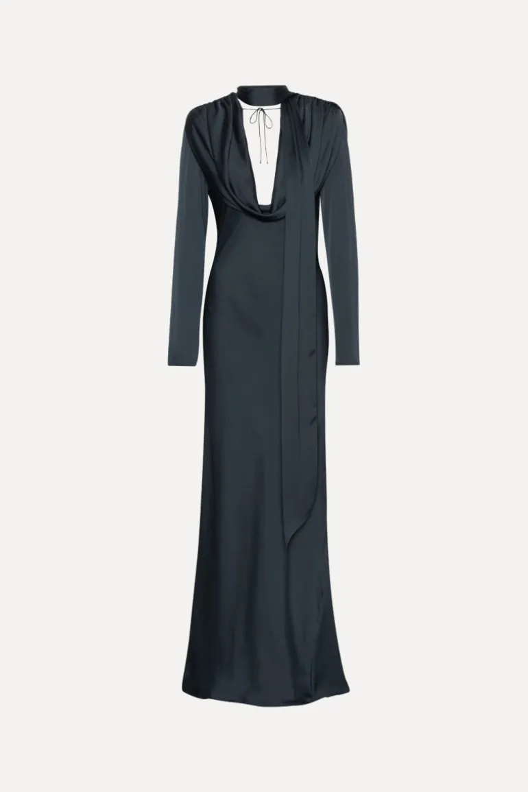 Satin Maxi Drapy Dress Dark Blue