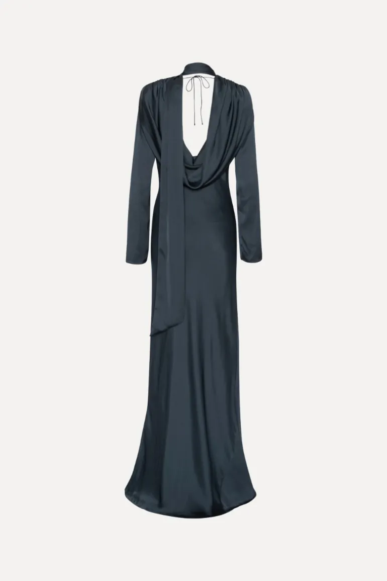 Satin Maxi Drapy Dress Dark Blue
