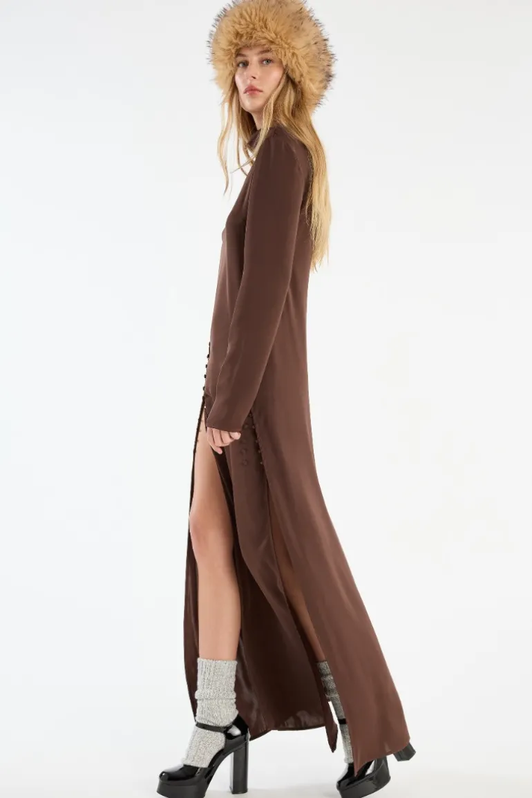 Satin Maxi Ls Dress Dark Brown