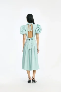 Satin Puff Midi Dress Dusty Blue