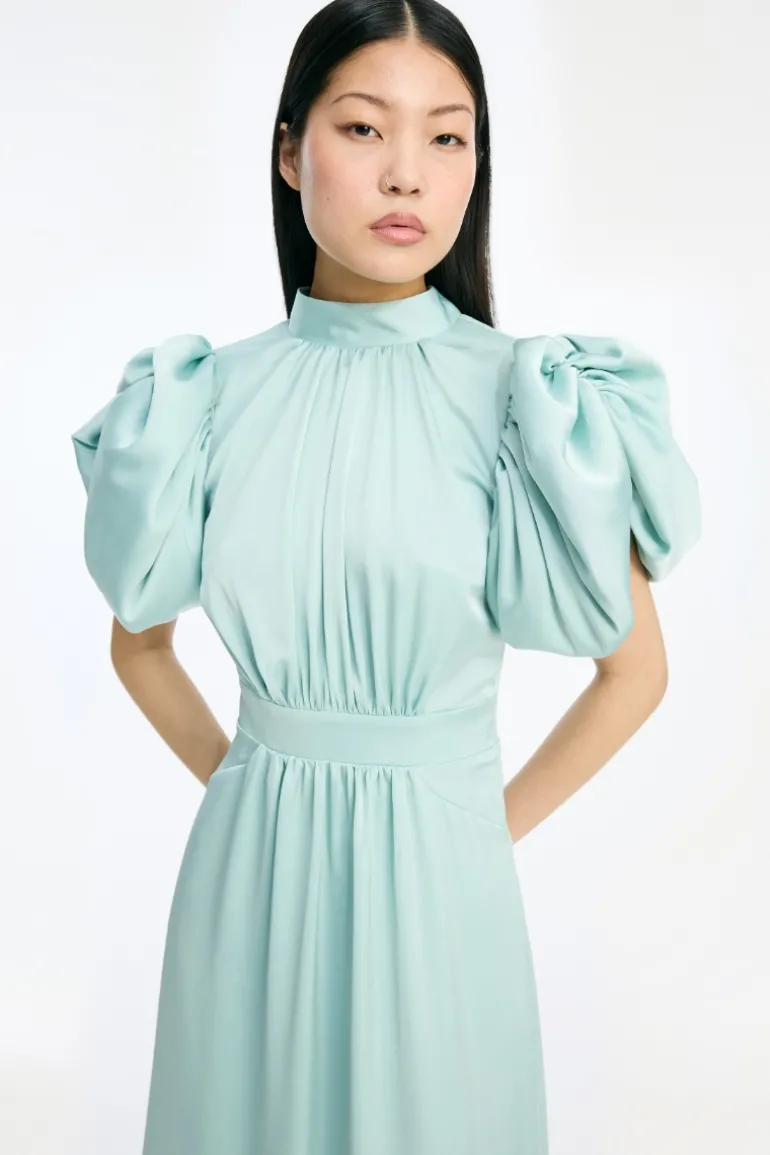 Satin Puff Midi Dress Dusty Blue