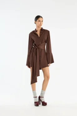 Satin Tie Shirt Dress Dark Brown