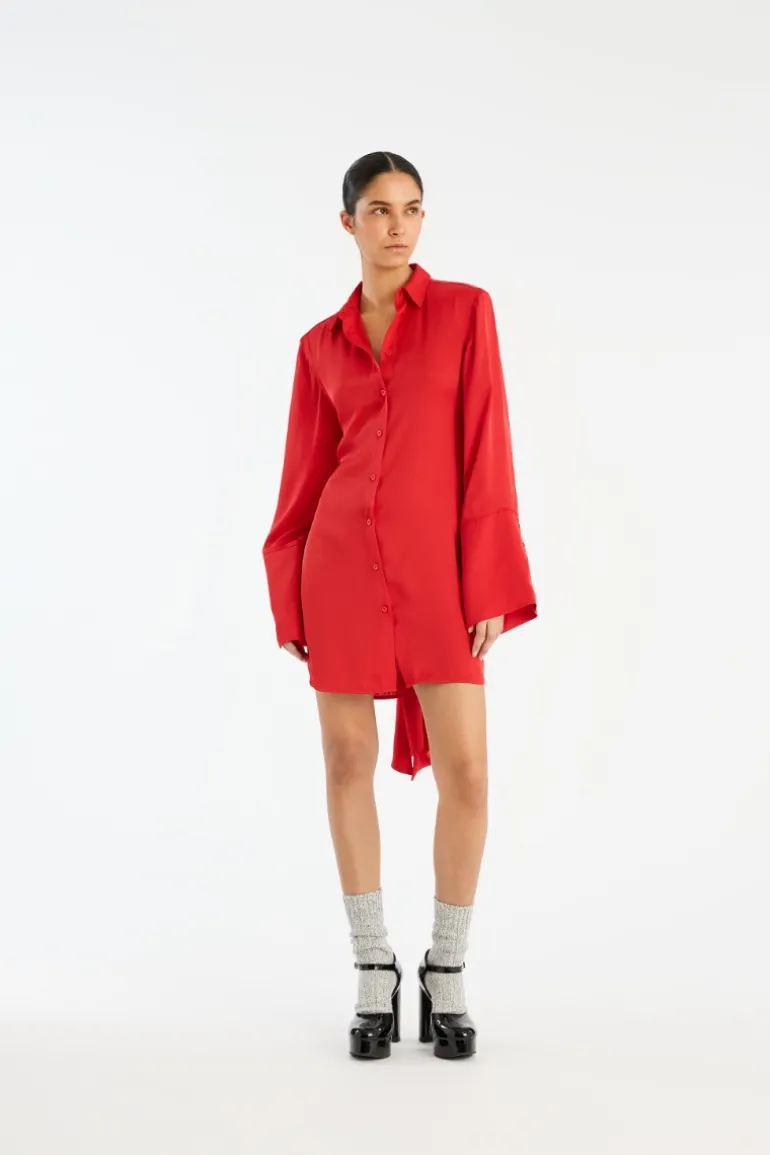 Satin Tie Shirt Dress Red