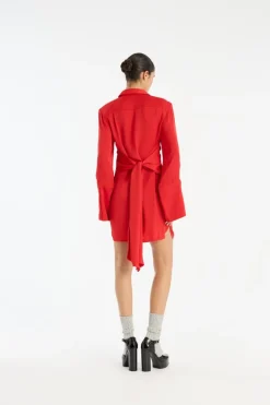 Satin Tie Shirt Dress Red