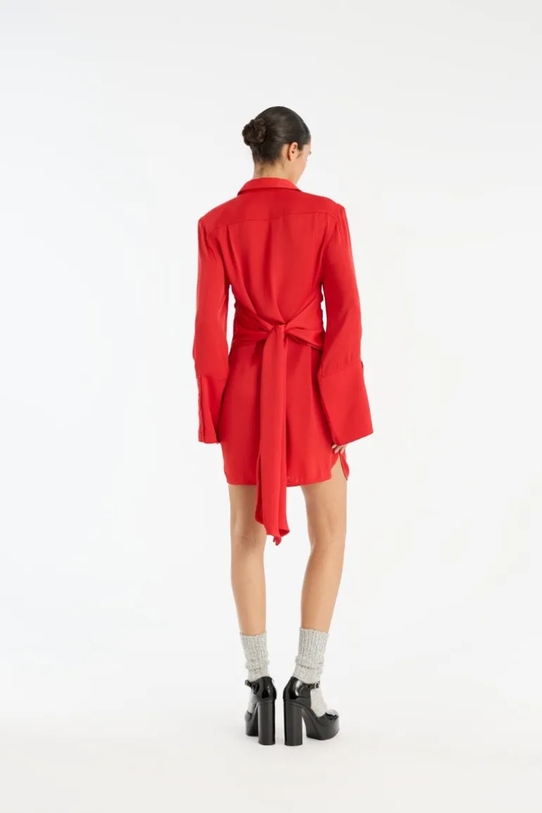 Satin Tie Shirt Dress Red