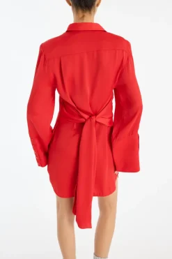 Satin Tie Shirt Dress Red