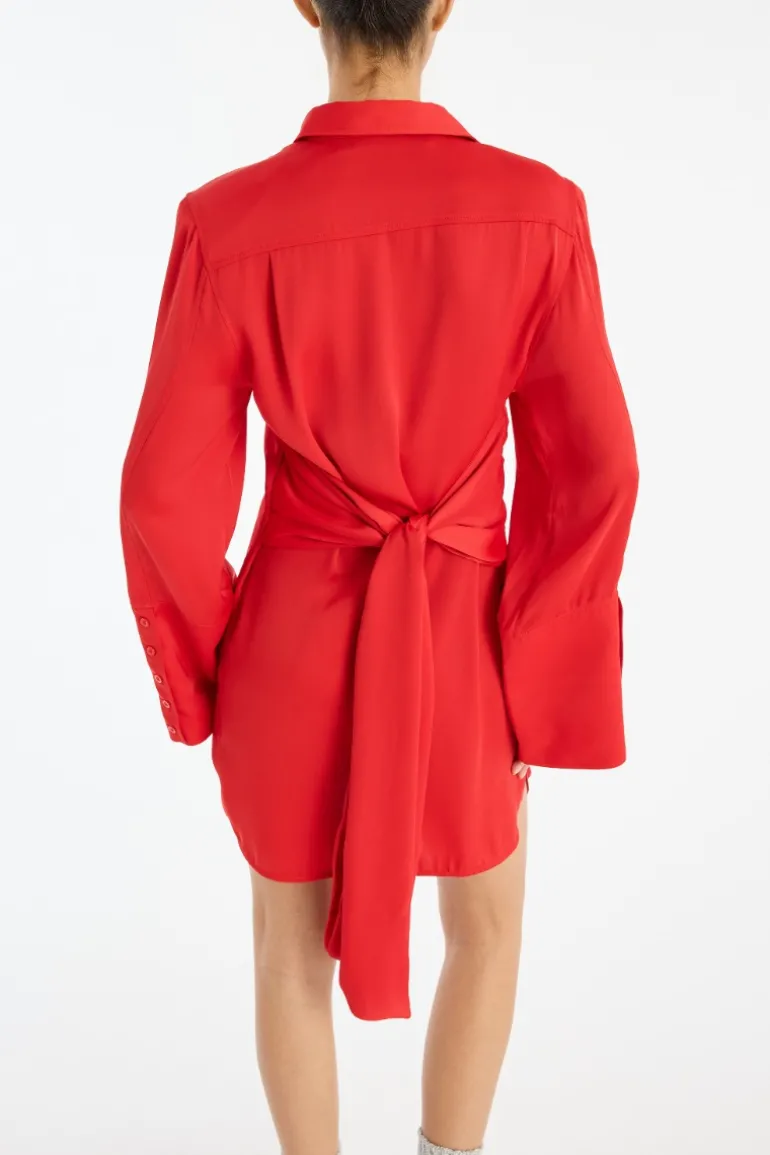 Satin Tie Shirt Dress Red