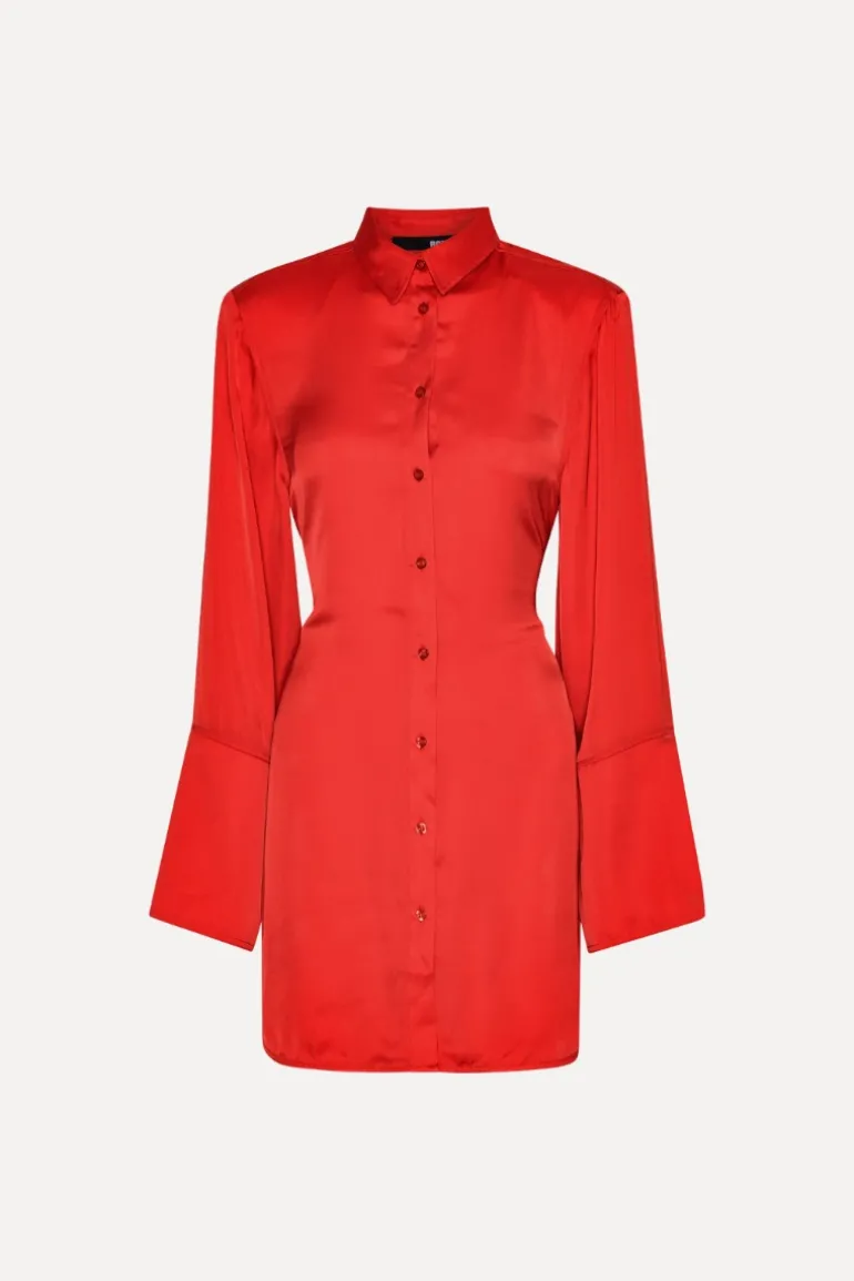Satin Tie Shirt Dress Red