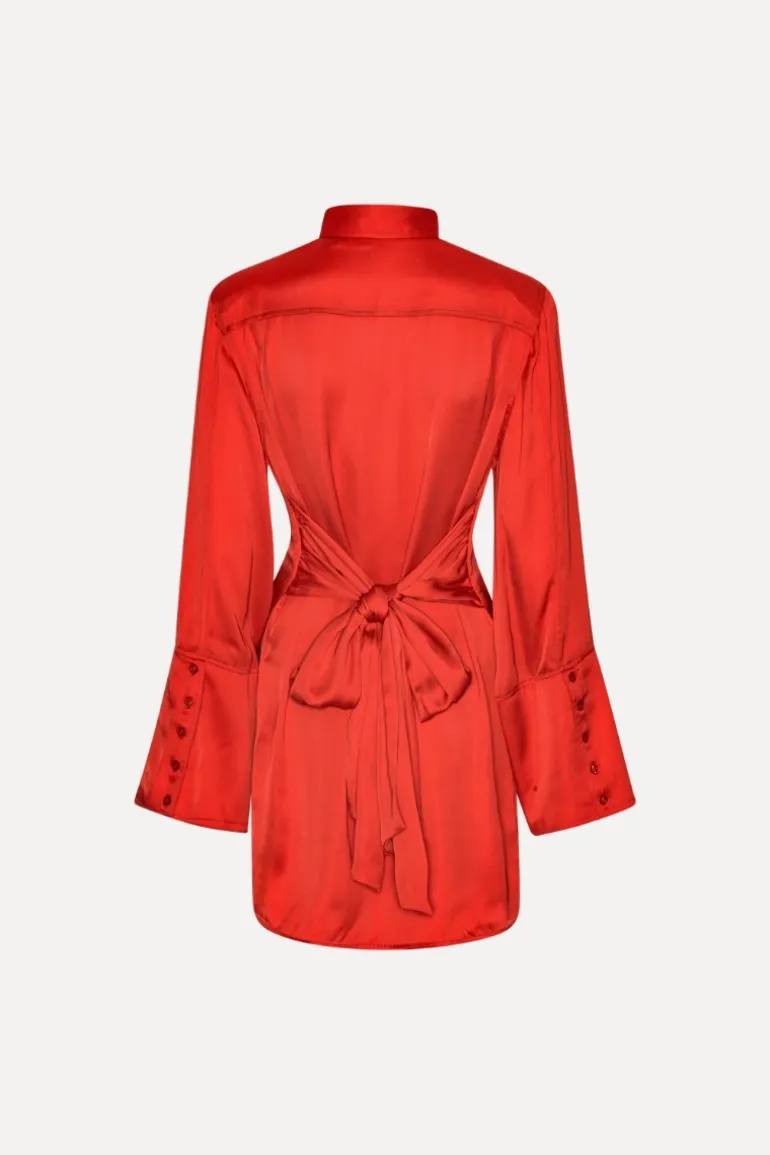 Satin Tie Shirt Dress Red