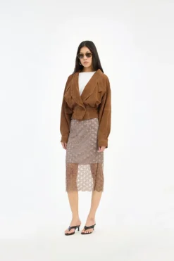 Scallop Sequin Midi Skirt Taupe