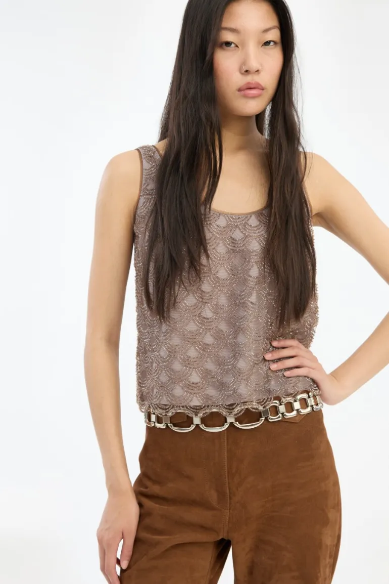 Scallop Sequin Top Taupe
