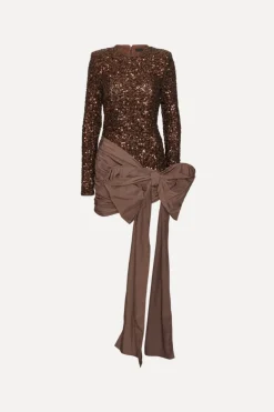 Sequins Bow Mini Dress Dark Brown