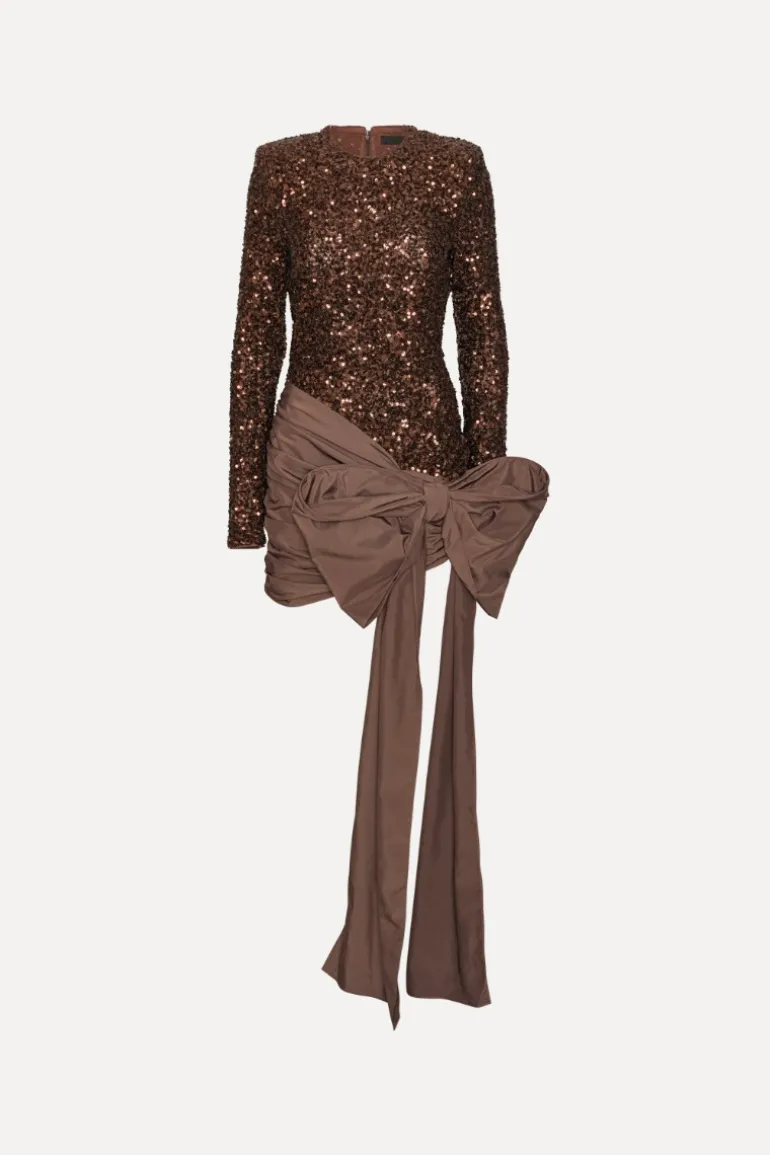 Sequins Bow Mini Dress Dark Brown