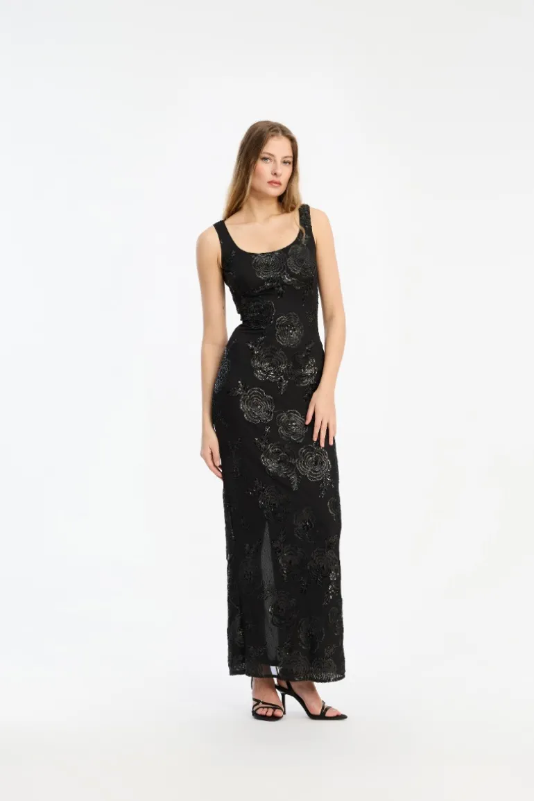 Sequins Fitted Maxi Dress Black