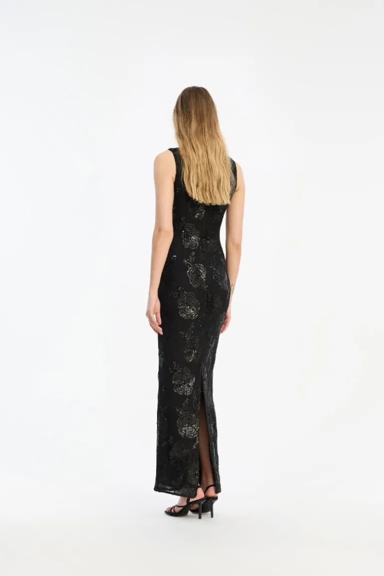 Sequins Fitted Maxi Dress Black