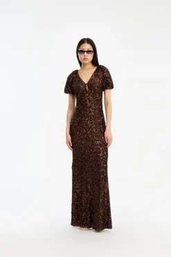 Sequins Midi V-neck Dress Dark Brown