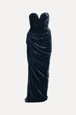 Silk Velvet Slit Dress Dark Blue