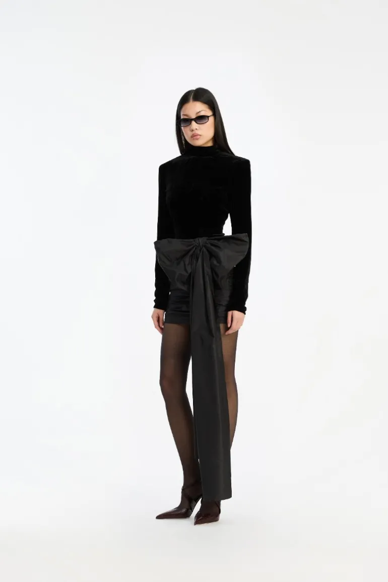 Velvet Bow Mini Dress Black