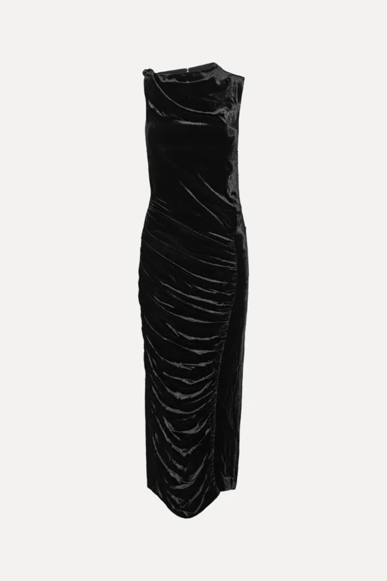 Velvet Ruched Midi Dress Black